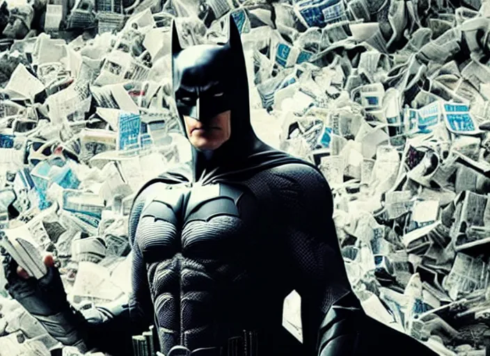 Prompt: obama nervously standing by a mountain of papers, film still in the new batman movie, 4 k