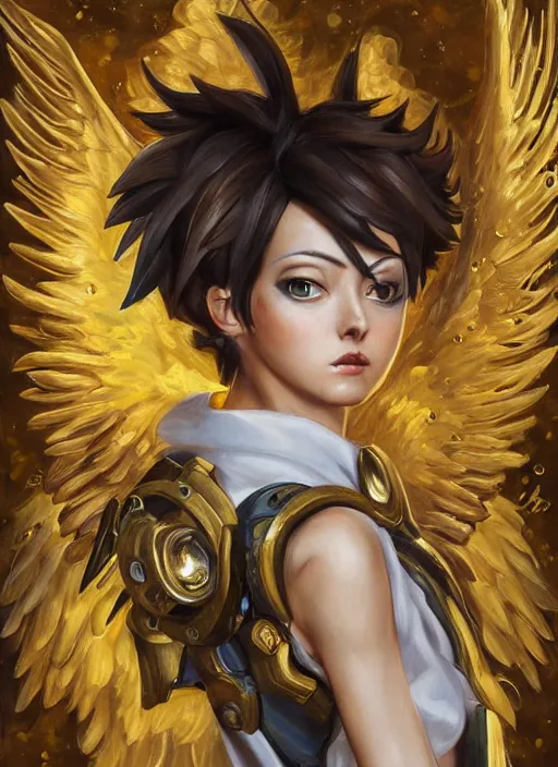 Image similar to full body oil painting of tracer overwatch in the style of sophie anderson, angel wings, angelic golden armor, dramatic painting, symmetrical composition, ornate, high detail, gold detailed collar, blooming, lights, flowers, detailed face,