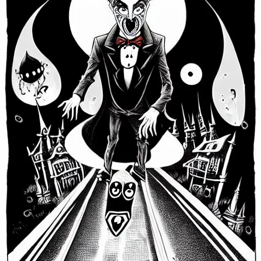 Image similar to black and white trippy comic art depiction of dracula the vampire wearing a suit and roller skating on prominently featured roller skates, zooming down the street with action lines flying past him, drawn by martin rowson, tim burton, alex pardee, nekro petros afshar, cgsociety, awesome, cool, detailed, intricate ink, 4 k