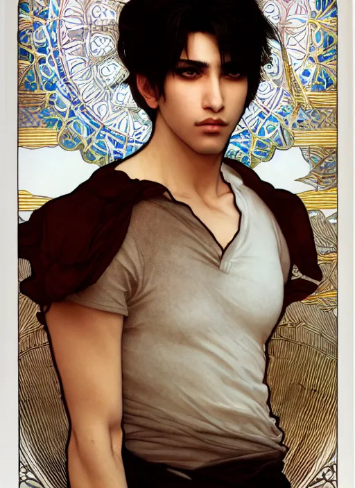 Image similar to beautiful medium shot portrait of a young arabic man inspired by ayami kojima with short hair dressed with a white t - shirt looking into the camera from three - quarters, white background white bank studio light, art by yoshitaka amano, alfons mucha, final fantasy, high quality, 8 k