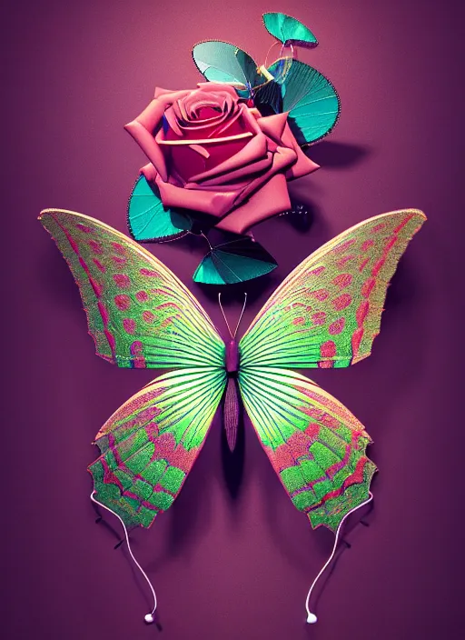 Prompt: hyper detailed 3d render like an Oil painting butterfly, rose, Persian, computational geometry, symbolism, surrealism, graffiti, symbol, surreal, abstract, minimal, texture, minimalism, edge to edge, solid color background octane render, 8k