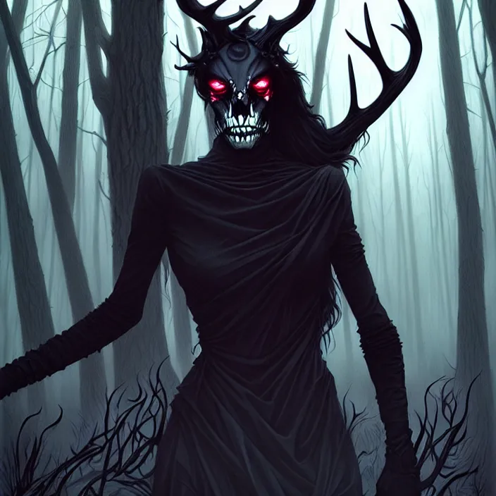 Image similar to style artgerm, joshua middleton, diego fazio, gerald brom, scary wendigo with antlers and skull face mixed with werewolf, beautiful witch wearing a black dress on the right side, in the forest, detailed, dark and foggy, cinematic lighting