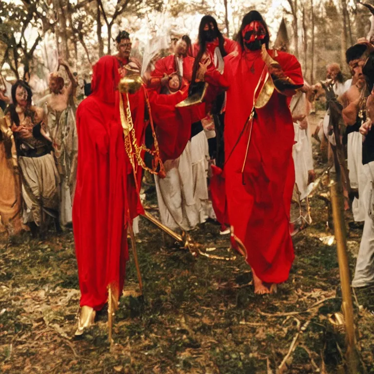 Prompt: a man being sacrifice by one member of an esoteric cult, Cinestill 800t 8k trending on Flickr, wear heavy red ornemental costume and elongate gold mask and jewels