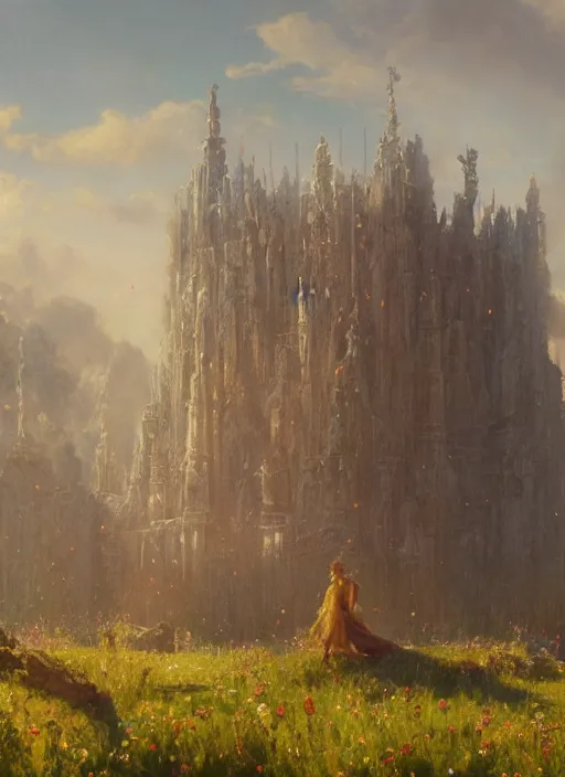 Image similar to giant castle temple megastructure in meadow by gaston bussiere, anna nikonova aka newmilky, greg rutkowski, yoji shinkawa, yoshitaka amano, moebius, donato giancola, geoffroy thoorens, trending on artstation, pixiv, cinematic composition, 8 k