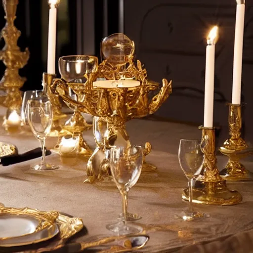 Image similar to luxurious baroque table with a single candle and wine bottle, warmly lit, zen, soft lighting, romantic