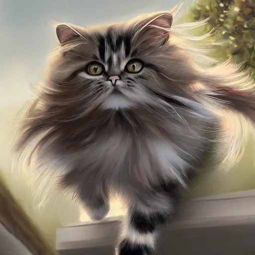 Image similar to a british longhair cat walking on the roof, by stanely artgerm