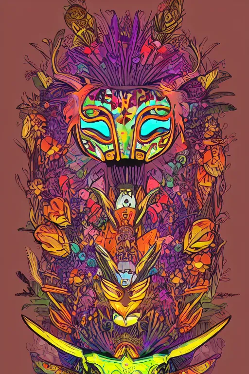 Image similar to animal mask totem roots flower tribal feather gemstone plant wood rock shaman vodoo video game vector cutout illustration vivid multicolor borderlands comics by josan gonzales and dan mumford radiating a glowing aura