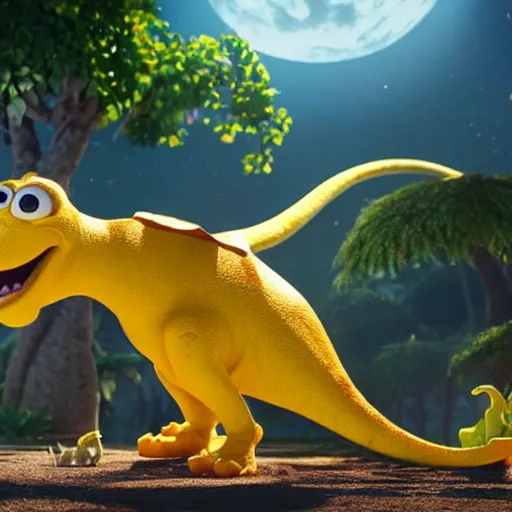 Image similar to pixar render the yellow dinosaur, cute character, high detail, fine hair details, big eyes, friendly, warm and calming, bursting with energy and life, after effects, post processing, video and game ready, octane render, volumetric lighting, glow lights, sharp focus, clear focus, soft shadows, highly intricate and beautiful symmetry