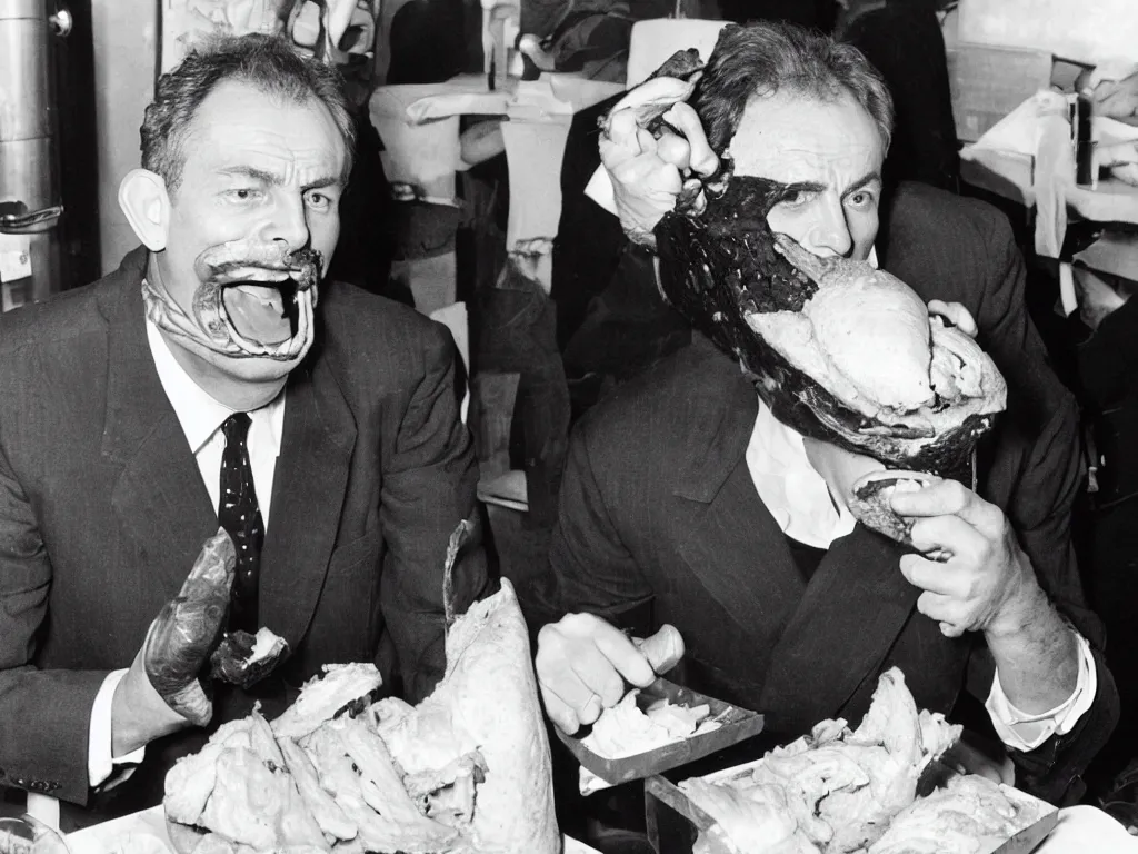 Image similar to a man whose head has been expanded into the shape of an anvil, eats a beef sandwich. he is gagged and trussed like a turkey. he is tony blair