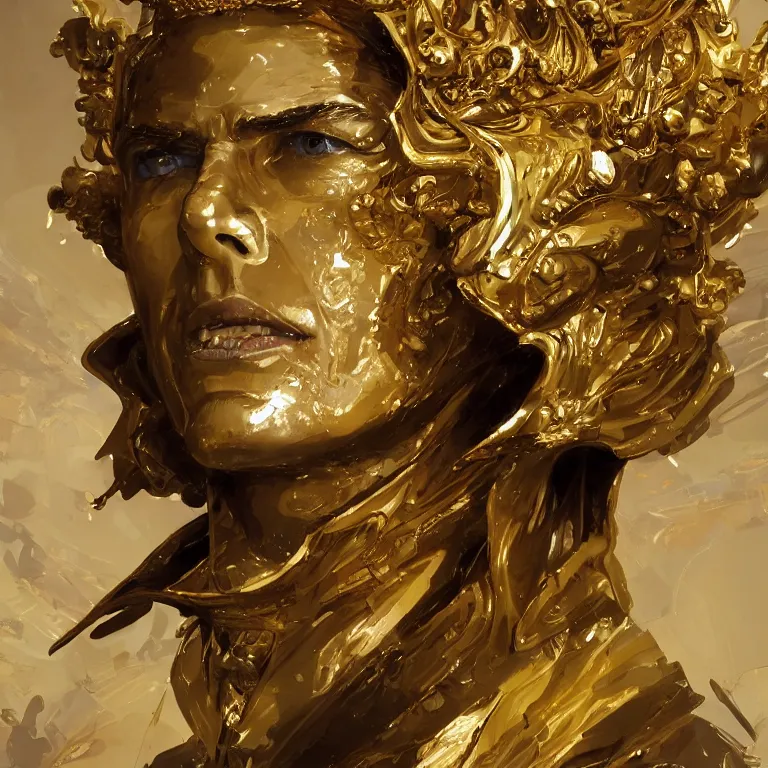 Image similar to tom cruise portrait of yellow angel king wearing shiny crown, subtle light accents, gold rococo, tom cruise face, sculpted by alex alice, craig mullins, yoji shinkawa, trending on artstation, beautifully lit, peter mohrbacher, hyper detailed, insane details, intricate, elite, elegant, luxury, cgsociety, hypermaximalist,