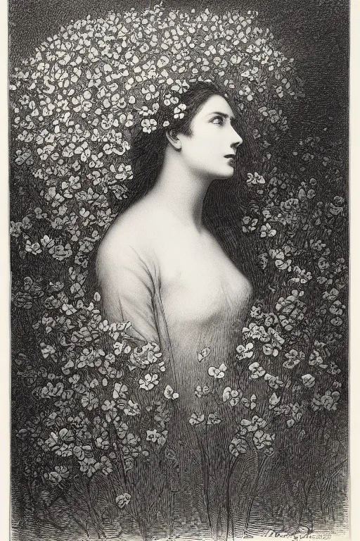 Image similar to black and white, women faces in flowers, Gustave Dore lithography