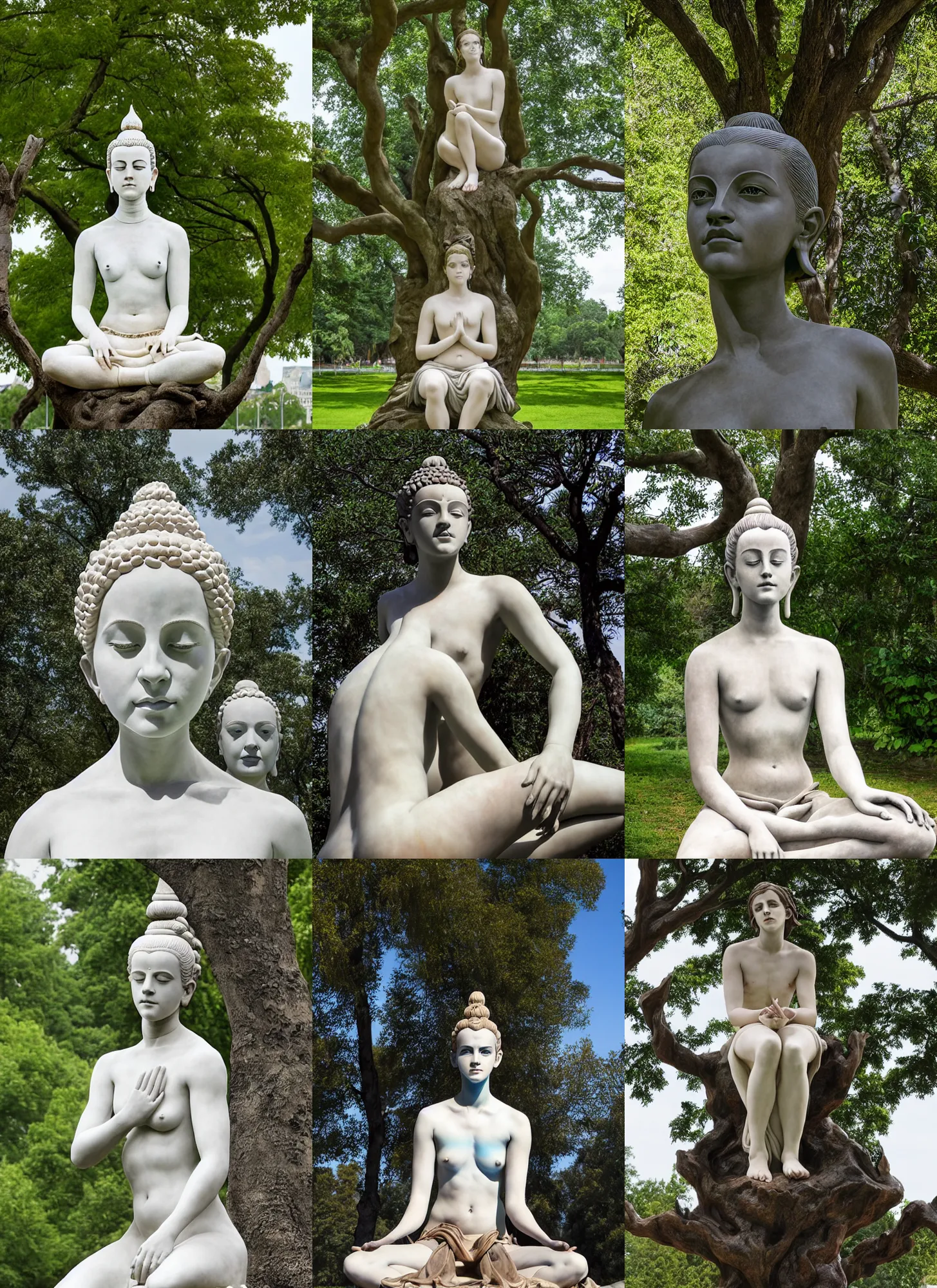 Prompt: sculpture statue of Emma Watson by Jean-Baptiste Carpeaux and Luo Li Rong and Michael James Talbot, all body, peacefully meditation pose sitting under the tree, like a buddha, perfect symmetrical face, psychedelic, bodypaint, colored, white marble, in full growth, elegant, realistic, 8K, female full-skin figure, hyperrealism, subsurface scattering, raytracing, rim light, Octane Render, Redshift, Zbrush