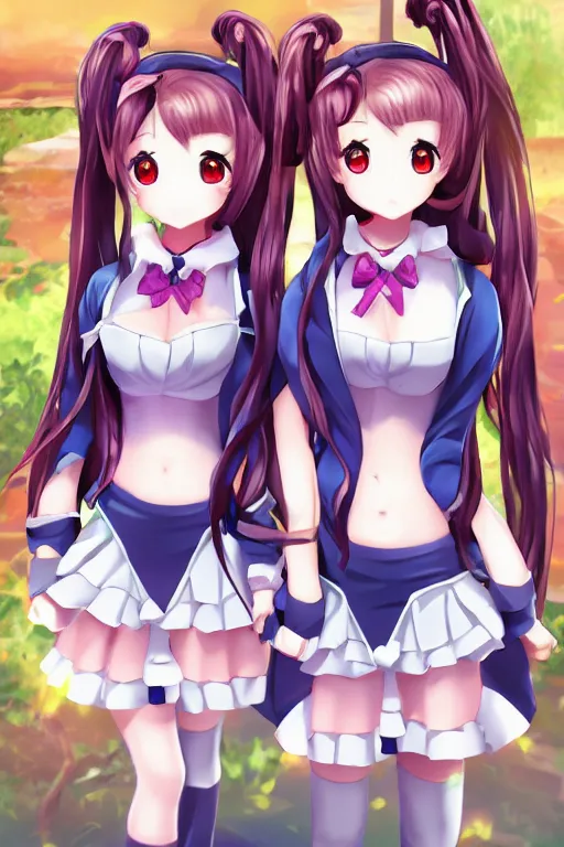 Prompt: two beautiful female idols with twin tails standing chest to chest, anime game art