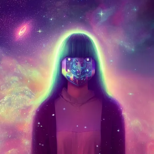 Prompt: galaxy, character, 3 d godess, fractal japanese mask, art by beeple, cloud, volumetric, dreamy, nebula background, portrait, close up, cinematic, super fine detailed, detailing