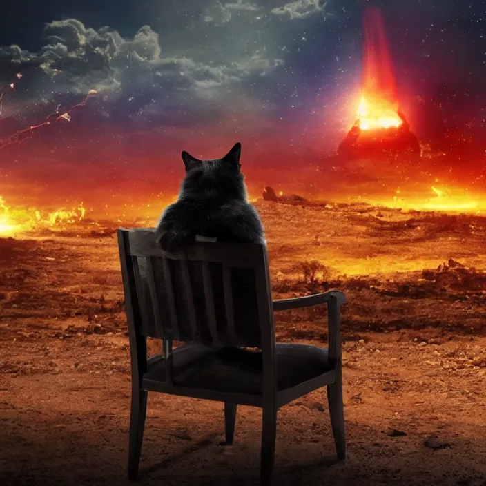 Image similar to cinematic movie, background blur bokeh, old man sitting in chair with black cat watching nuke explosion, world ending nuke, 4 k