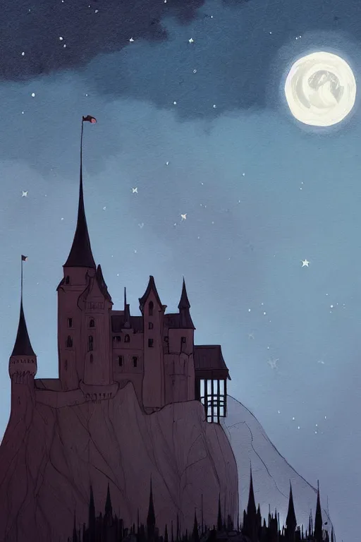 Prompt: a poster style painting of at night, a gothic castle on a cliff with a starry moon 🌙 in the background ， by abigail larson, 8 k, hd, artstation