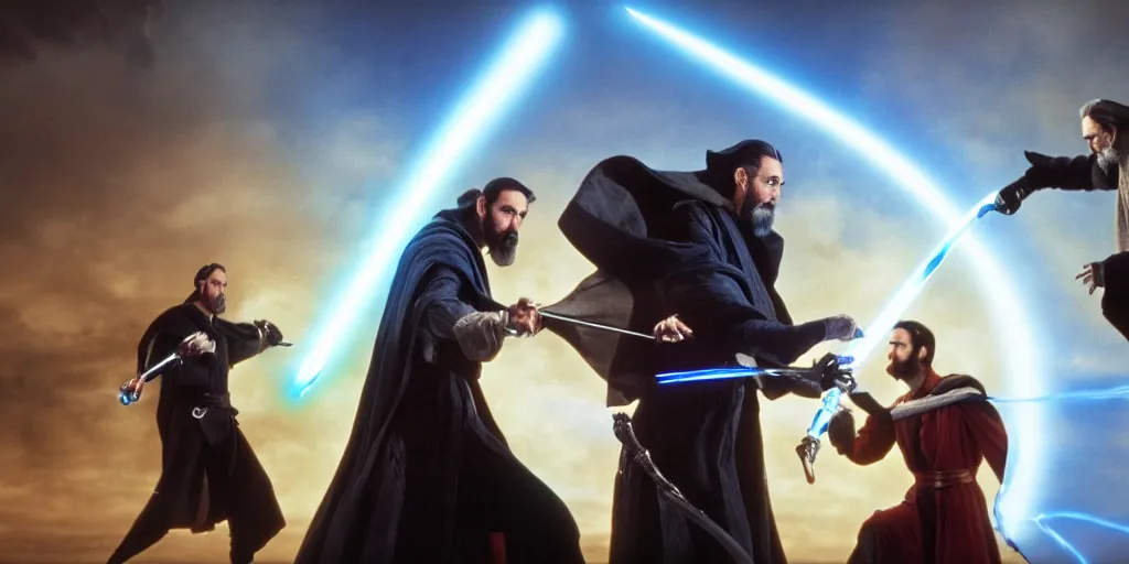 Image similar to Count Dooku with black beard and blue ligthsaber fights Yaddle from the phantom menace ultra realistic, 4K, movie still, UHD, sharp, detailed, cinematic, render, modern