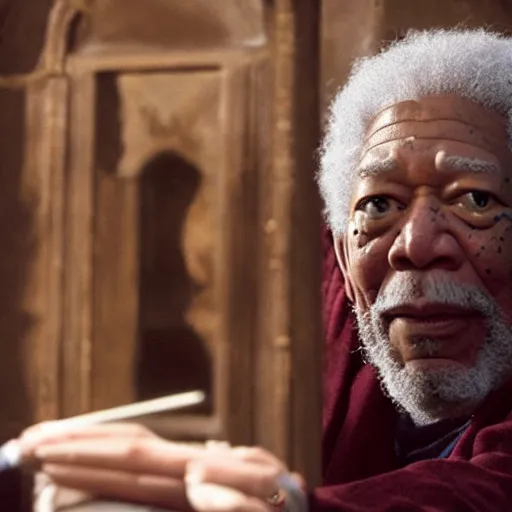 Image similar to still of morgan freeman in harry potter as harry holding a wand