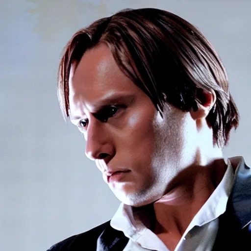 Image similar to Leon Kennedy from Resident Evil as The American Psycho, sweating intensely, cinematic still