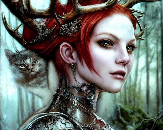 Image similar to 5 5 mm portrait photo of an armored gorgeous aesthetic redhead woman warrior with a face tattoo and antlers growing from her head and cat on her shoulder, in a magical forest. art by luis royo. highly detailed 8 k. intricate. lifelike. soft light. nikon d 8 5 0.