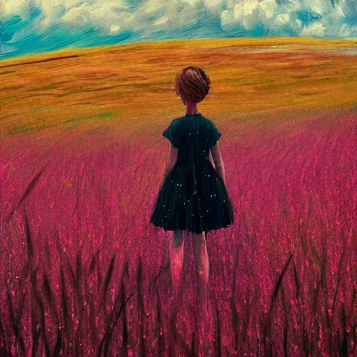 Image similar to giant pink daisy flower head, girl walking in wheat field, hills, surreal photography, dark night, star trails, dramatic light, impressionist painting, clouds, digital painting, artstation, simon stalenhag