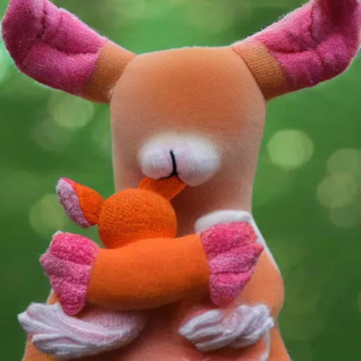 Prompt: orange deer hugging pink cat