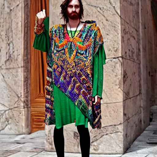 Image similar to ancient greek philosopher wearing gucci colorful intense intricate textile chiton himation cloak tunic detailed streetwear cyberpunk modern fashion