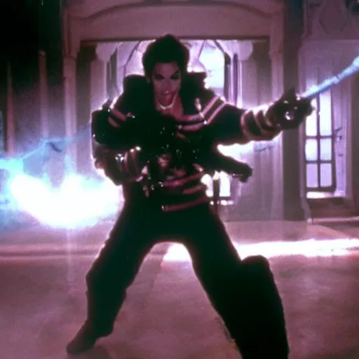 Image similar to stunning awe inspiring michael jackson as a ghostbuster in the movie ghostbusters, movie still 8 k hdr atmospheric lighting