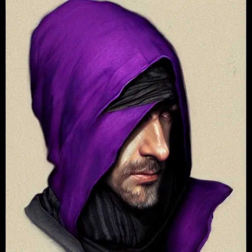 Image similar to ultra realistic illustration, man in a black hood, in a striped purple balaclava, mysterious, highly detailed, digital painting, artstation, concept art, smooth, sharp focus, illustration, art by artgerm and greg rutkowski and alphonse mucha