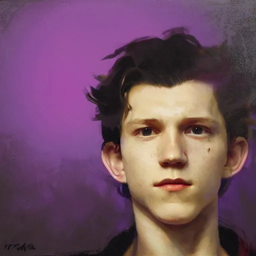Image similar to tom holland wearing green tunic holding glowing purple orb by ruan jia, portrait