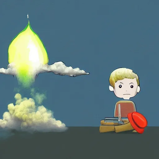 Prompt: a boy and a robot sitting and looking a nuclear explosion smoke mushroom from far away, digital art