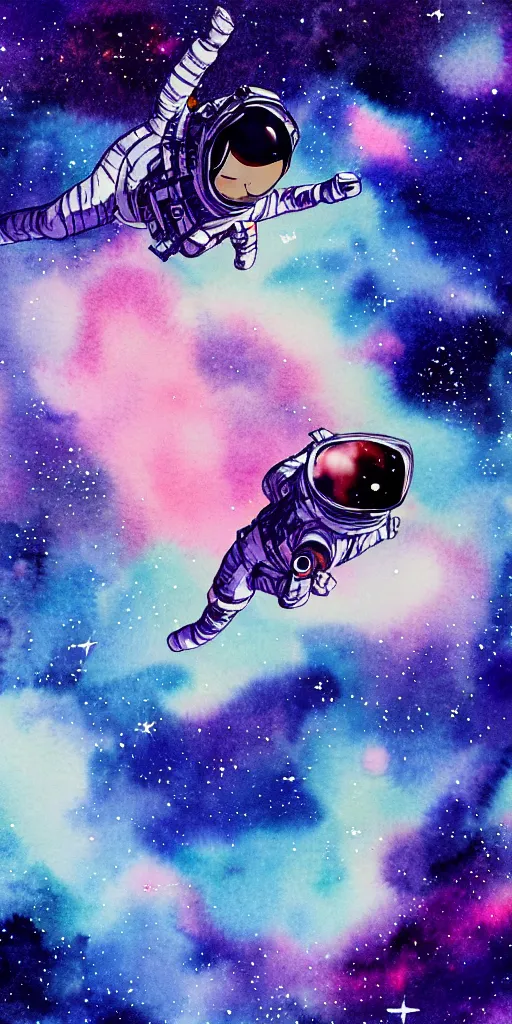 Image similar to oriental water color of a female astronaut, floating through the void of space, stars are spread out, anime movie, highly detailed