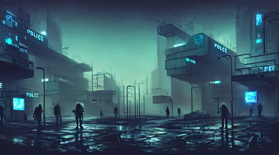 Image similar to post - apocalyptic police station, building, paved roads, sci - fi art, highly detailed photography, trending on artstation, hyperrealistic, human silhouettes, cyberpunk, environment artist, dystopian, science fiction, synthwave neon retro, concrete