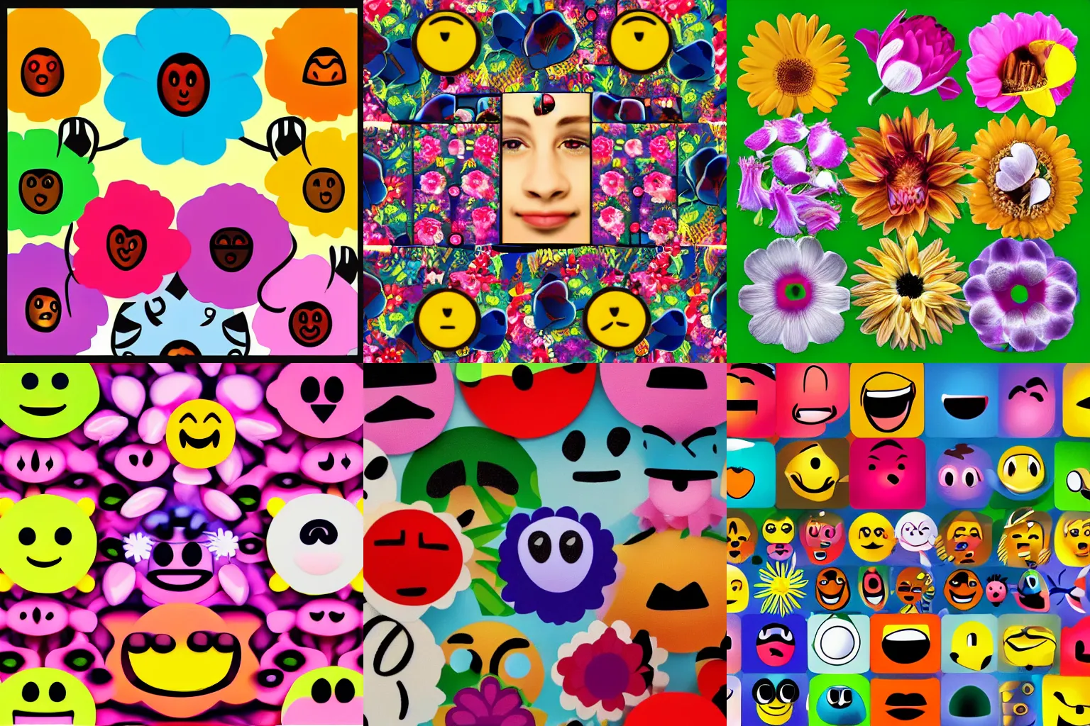 Prompt: different emojis that when arranged on top of each other create a collage forming an image of a flower