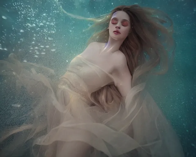 Image similar to beautiful hyperrealistic female portrait, porcelain skin, in long flowy dress, very detailed, underwater, cinematic volumetric lighting, soft bokeh, glow, 8 k, by lexi laine, by wlop