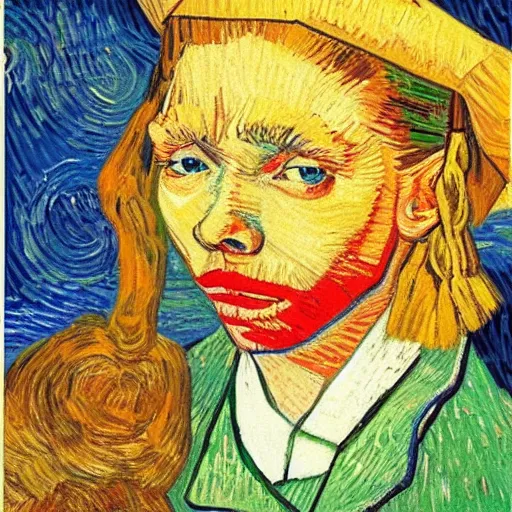 Prompt: The low-fi hiphop stuyding girl, in the style of Van Gogh