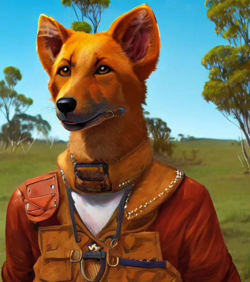 Image similar to stylized 3 / 4 portrait concept art of the anthro anthropomorphic dingo dog head animal person fursona wearing clothes adventurer standing in australia outback, hidari, color page, tankoban, 4 k, tone mapping, akihiko yoshida