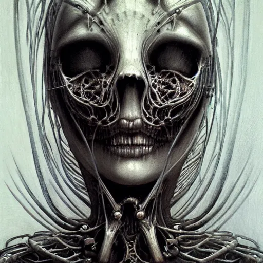 Image similar to a portrait of a beautiful biomechanical queen of necropolis, horror concept art by giger and beksinski and szukalski, digital art, highly detailed, intricate, sci-fi, sharp focus, Trending on Artstation HQ, deviantart, unreal engine 5, 4K UHD image