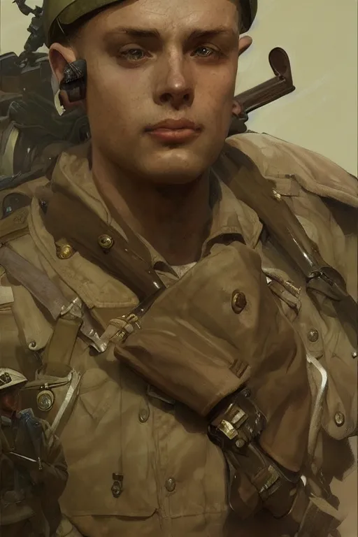 Image similar to A full portrait of a world war two soldier, intricate, elegant, highly detailed, digital painting, artstation, concept art, smooth, sharp focus, illustration, art by Krenz Cushart and Artem Demura and alphonse mucha