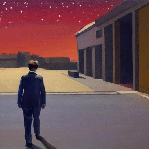 Image similar to a painting of a man walking down a lonely street on another planet and the sky is covered in stars, the head of the man is a skull, he is wearing a suit, in the style of edward hopper, 4 k,