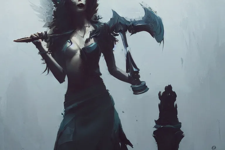 Image similar to seductive goddes holding a grim reapers tool in a modern city in the style of Durand and greg rutkowski, beautiful, geometric, trending on artstation, cinematic