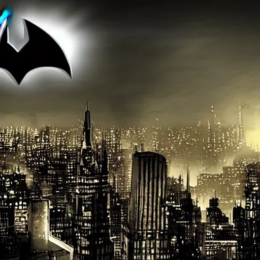 Prompt: matte painting of bat signal against the Gotham city skyline, dark, stylized