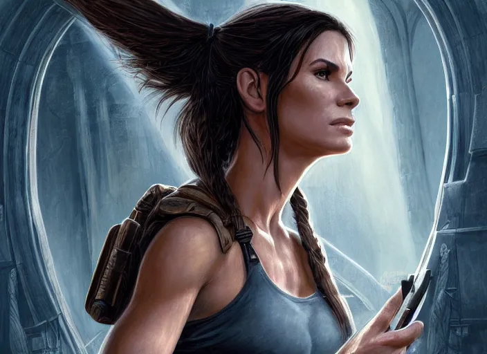 Image similar to face portrait of concentrated young Sandra Bullock as Lara Croft entering the large Minas Tirith gate, sun beams, intricate, elegant, highly detailed, centered, digital painting, artstation, concept art, smooth, sharp focus, illustration, Allan Lee, John Howe