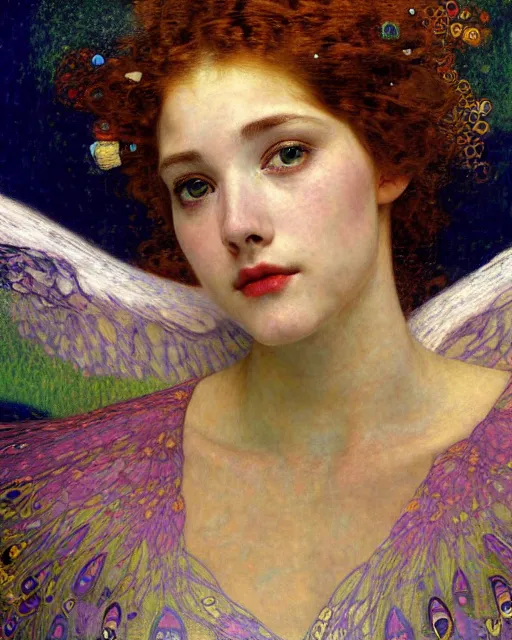 Image similar to a close up of beautiful girl flying through the clouds surrounded by colourful intricate patterns, by gustave klimt edgar maxence and caravaggio and michael whelan, intricate painting, hyper realistic, extremely detailed and beautiful aesthetic face, 8 k resolution