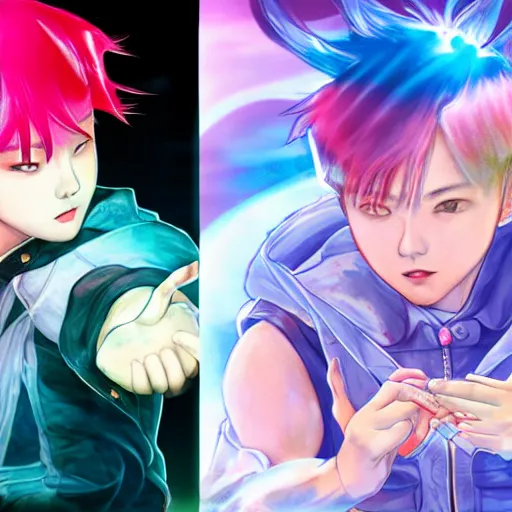 Prompt: jimin battling j hope in pokemon cards, in the style of james jean, artstation trending, 8 k, 3 d render, photorealistic, volumetric lighting caustics, pink