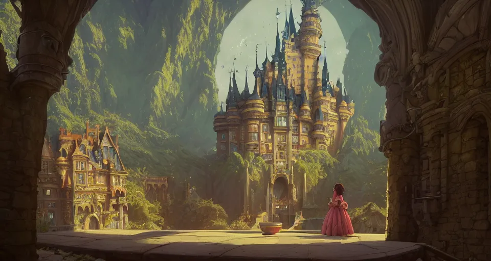 Image similar to highly detailed fairytale castle, stephen bliss, unreal engine, greg rutkowski, loish, rhads, beeple, makoto shinkai and lois van baarle, ilya kuvshinov, rossdraws, tom bagshaw, tom whalen, alphonse mucha, global illumination, god rays, detailed and intricate environment