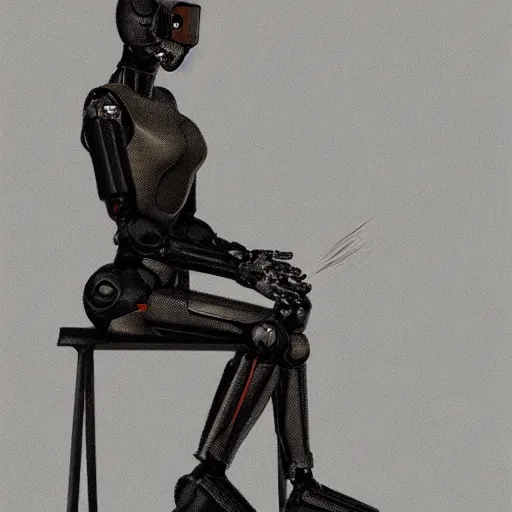 Image similar to humanoid female robot in a laboratory, sitting on a chair, cinematic, cinematic lighting, concept art, artstation, illustration, by Moebius, Jean Giraud, 4k, sharp