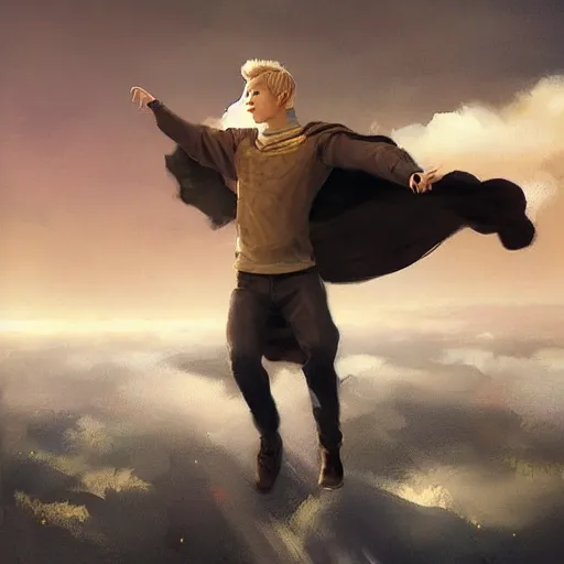 Image similar to blonde boy wearing a brown cape and flying in t pose, powerful, space background, oil painting, brush strokes, greg rutkowski