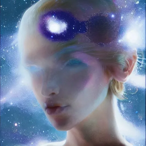 Image similar to blonde beautiful girl looks like robot floating in the cosmos with cosmic energy by tim walker and craig mullins,