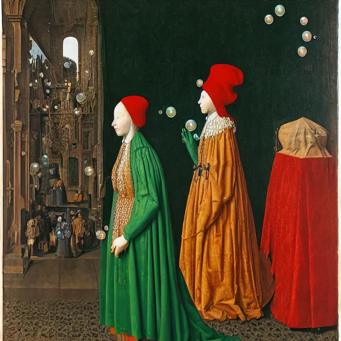 Prompt: a woman made of bubbles, standing next to a monster, by Jan van Eyck